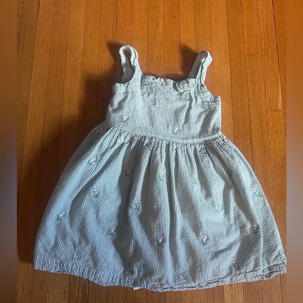 Janie and Jack Green Seersucker Embroidered Floral Sundress, Size 3